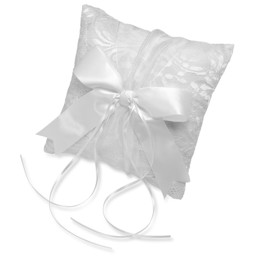Picture of White Satin Square Lace and Ribbon Ring Cushion