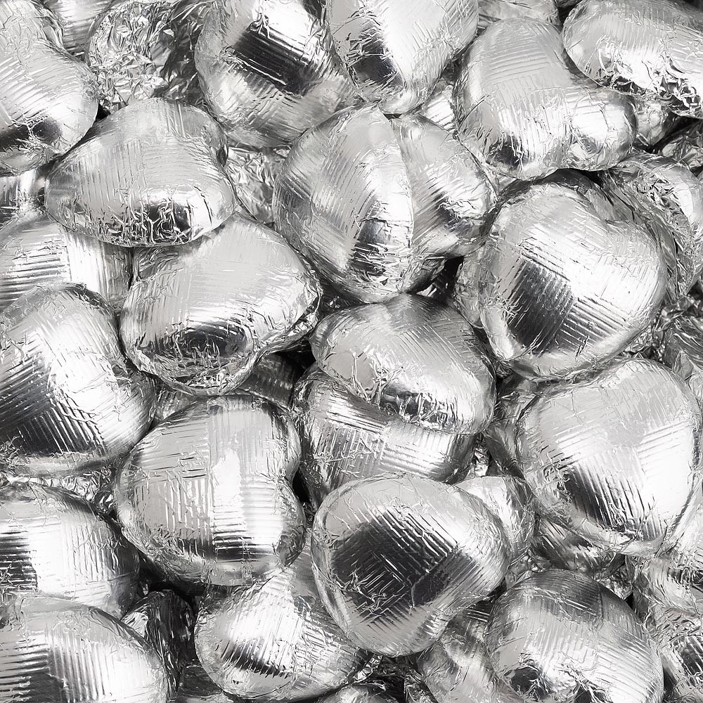 thumbnail image 2 of 200 Silver Foil Chocolate Love Hearts - Wedding Favors, Valentines Day Candy 2 of 2