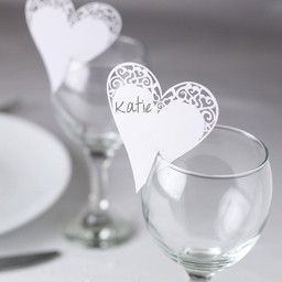 Show details for Place Card on Glass - Laser Cut White Heart Picture of Place Card on Glass - Laser Cut White Heart